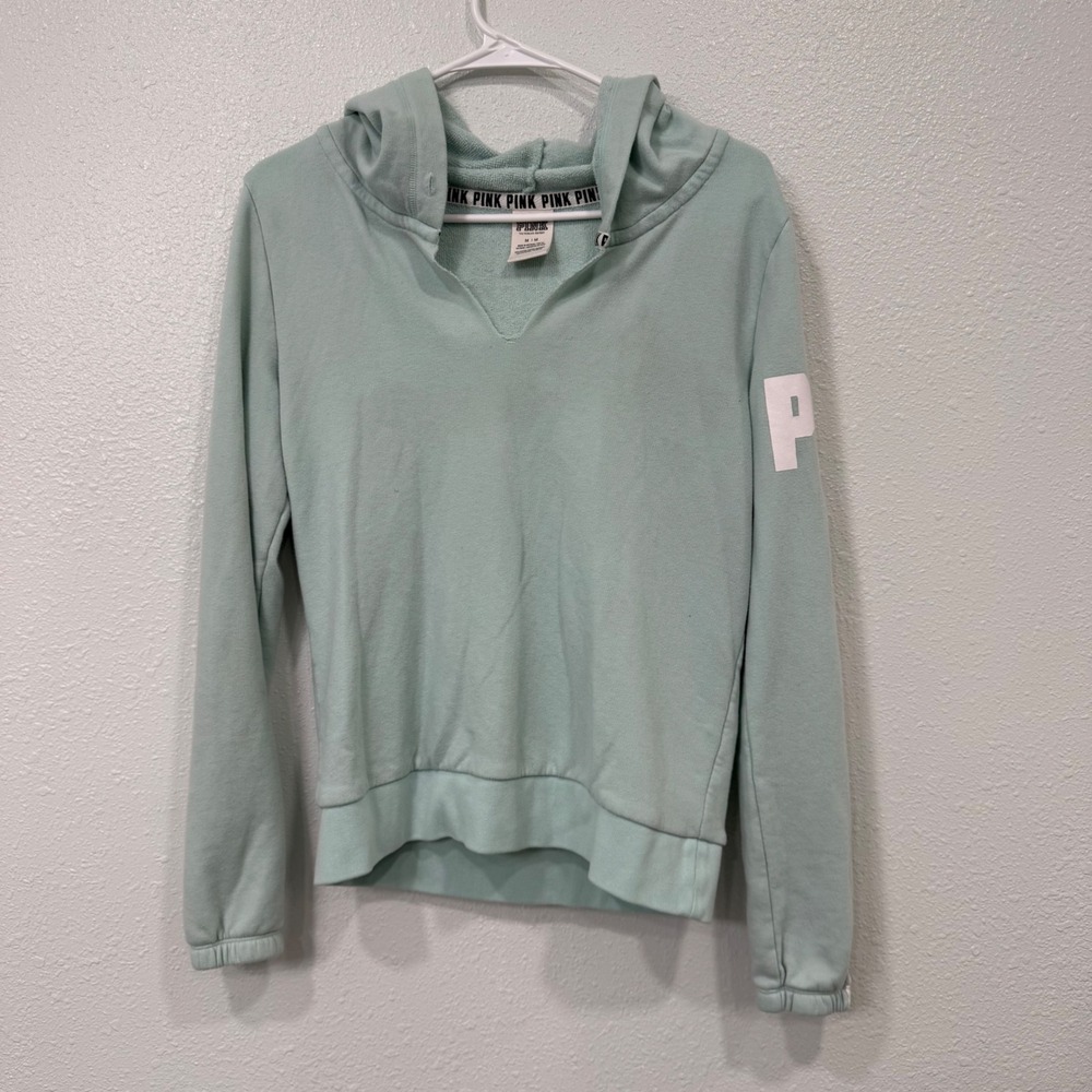 PINK Victoria's Secret Mint Green Pullover V-Neck Hoodie Graphic Sleeve Womens M
